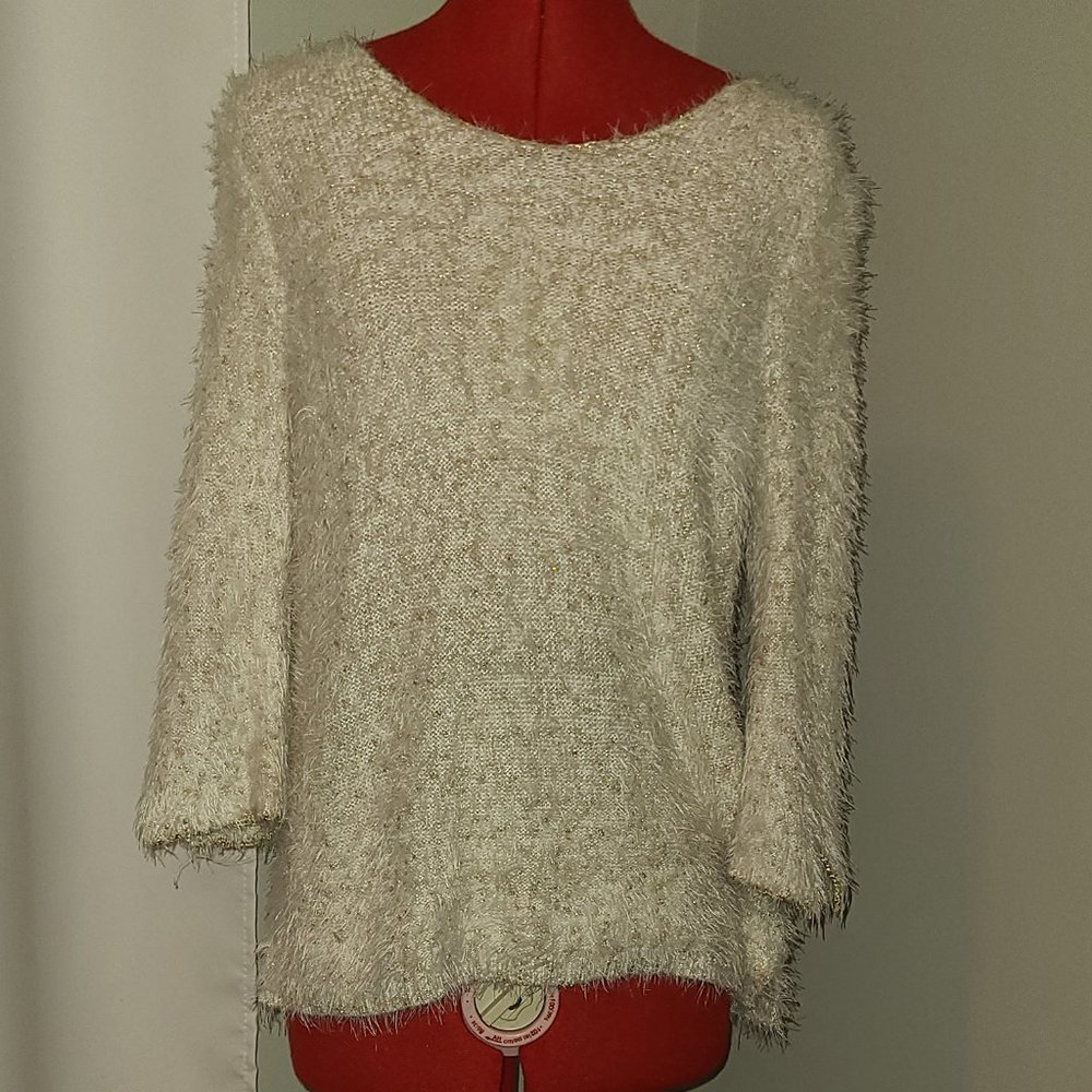 Chico's White Pullover Sweater w Gold Sequins
